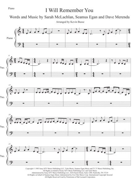 I Will Remember You Sheet Music Sarah Mclachlan Live Version Easy Piano