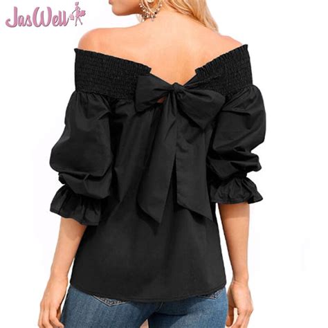 jaswell sexy off shoulder spring summer strapless women long sleeve blouse bowknot tops slash