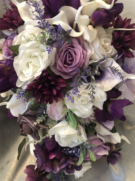 Cascading Wedding Bouquet Purple White Bouquet Spring Etsy Purple
