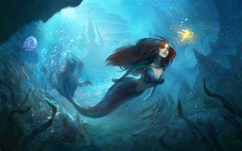 Wallpaper Beautiful Mermaid Underwater Goldfish Art Painting