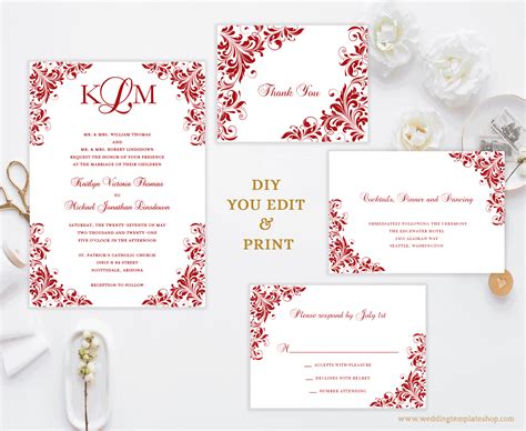 Printable Wedding Invitation Templates Set Red Diy