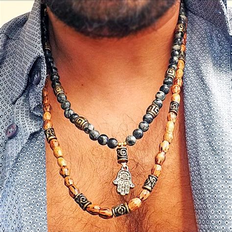 Men Necklace Handmade Real Jasper Beaded Necklace Hamsa Necklace T For Men Mens