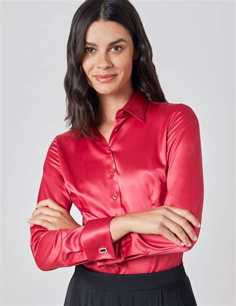 Women S Red Fitted Satin Shirt French Cuffs Satin Shirt Satin