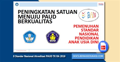 Standar nasional pendidikan itu sendiri terdiri dari 8 poin yang harus dimiliki dan dipenuhi oleh penyelenggara dan/atau satuan pendidikan yang. 8 Standar Nasional Akreditasi PAUD TK RA 2019 - Dokumen ...