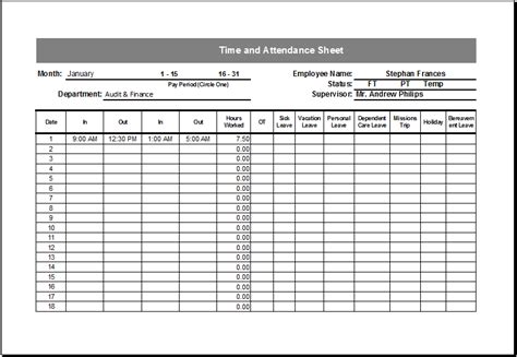Editable Printable Time And Attendance Sheet Excel Templates