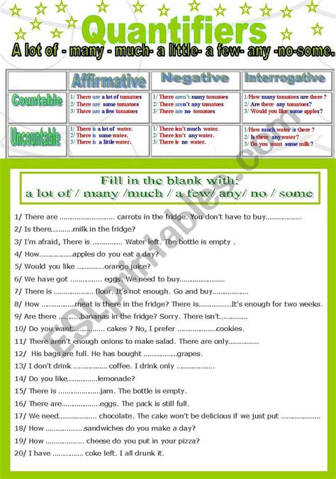 Exercises Quantifiers With Countable And Uncountable Nouns Pdf