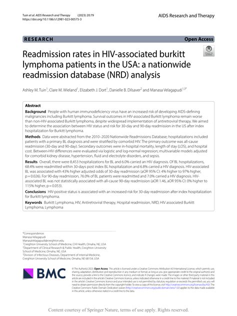 Pdf Readmission Rates In Hiv Associated Burkitt Lymphoma Patients In