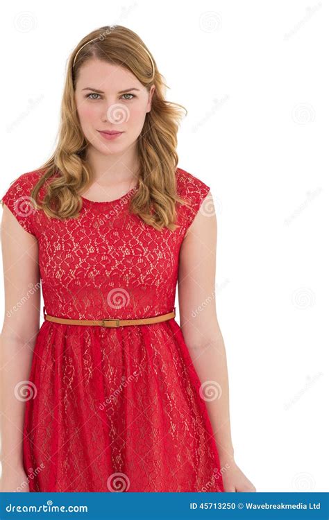 Beautiful Woman Wearing Red Dress Smiling At Camera Stock Photo Image