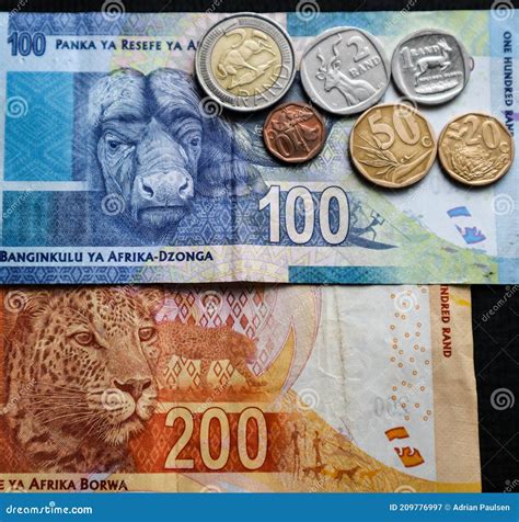 South African Currency Rand Including Bank Notes And Coins Stock Image