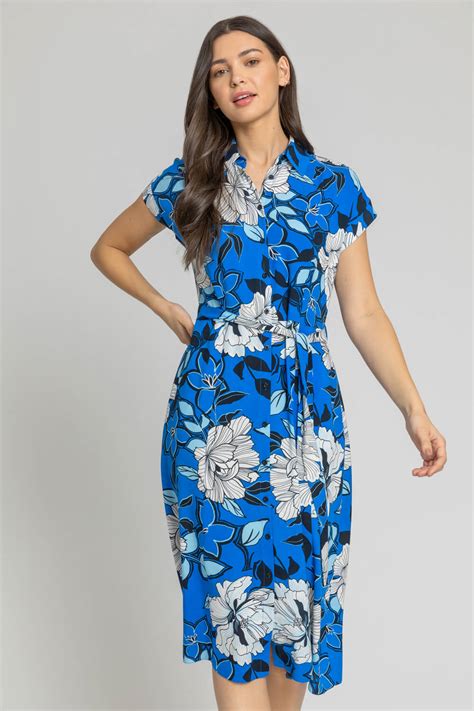 Floral Print Belted Shirt Dress In Blue Roman Originals Uk