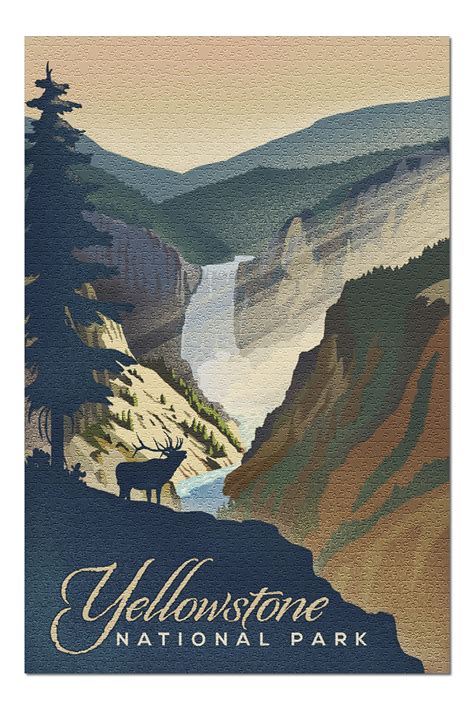 Custom photo puzzle with tin or sustainable satin bag. Yellowstone National Park - Yellowstone Falls - Lithograph ...