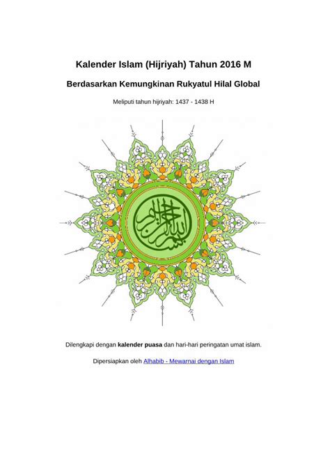 Pdf Kalender Islam Hijriyah Tahun 2016 M · Kalender Islam Hijriyah