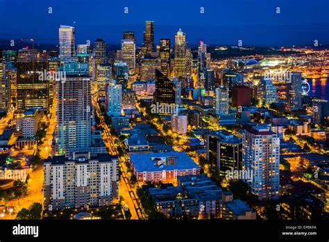 View Of The Downtown Seattle Skyline At Night In Seattle Washington