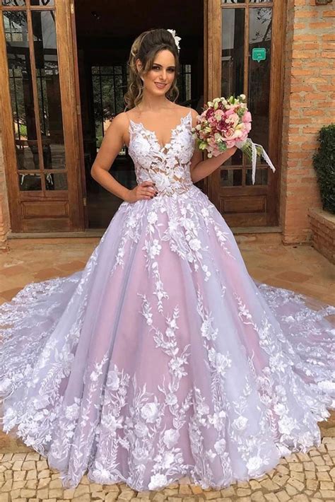 A Line Sleeveless V Neck Tulle Appliques Pink Long Prom Wedding Gown D409 Pink Ball Gown Ball