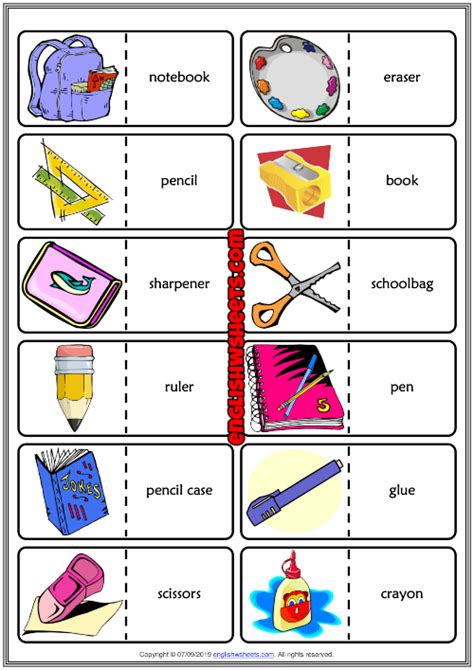 Classroom Objects Esl Printable Dominoes Game For Kids