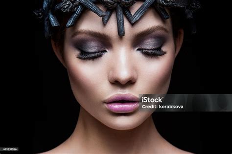 Closeup Portrait Of Beautiful Woman With Bright Makeup Stock Photo