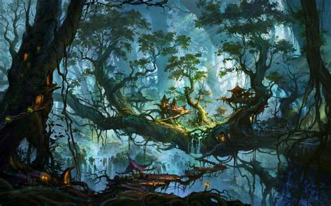 Enchanted Village On The Forest Trees Wallpaper Fantasy Landscape