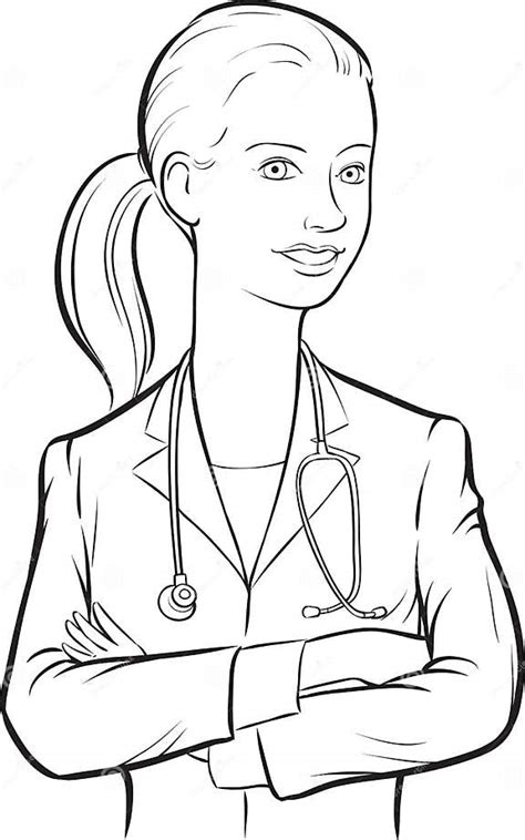 Whiteboard Drawing Smiling Woman Doctor With Arms Crossed Stock