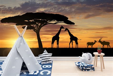 Giraffe Sunset Wall Mural African Animal Wallpaper Bedroom Photo Home Decor