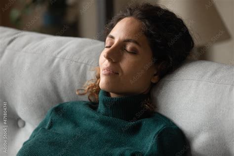 Comfortable Rest Calm Millennial Latina Woman Taking Break For Relax