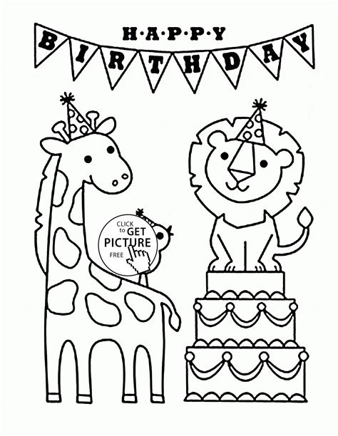 Happy Birthday And Funny Animals Coloring Page For Kids Holiday