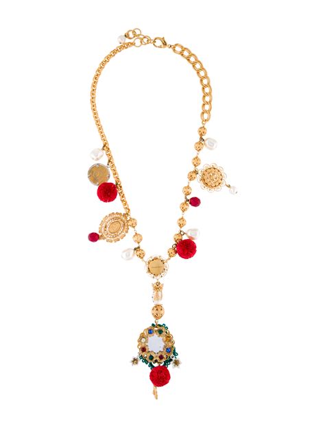 Dolce And Gabbana Faux Pearl Floral Sicily Charms Lavalier Necklace