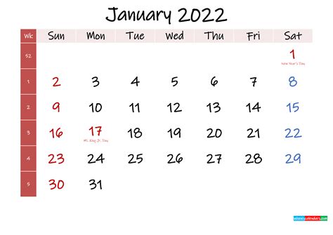 January 2022 Free Printable Calendar Template K22m361