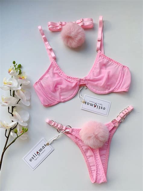 Bunny Lingerie Set Pink Lingerie Rabbit Lingerie Strappy Etsy