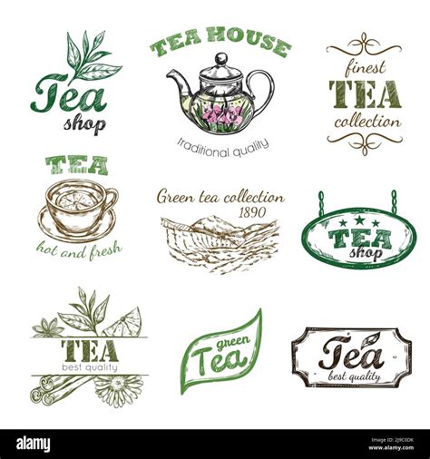 Sketch Tea Logo Set With Tea House Traditional Quality Green Tea