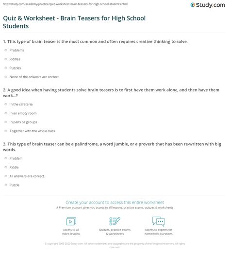 Quiz And Worksheet Brain Teasers For High School Students