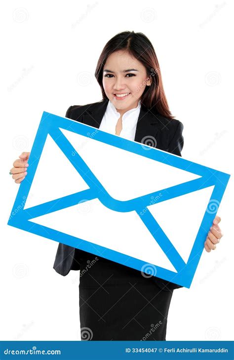 Picture Of Smiling Businesswoman Holding Sign Of Envelope Stock Image