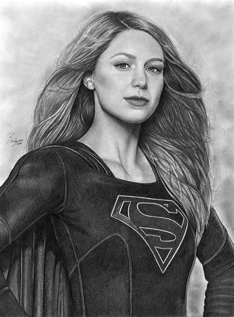 A Pencil Drawing Of A Woman In A Superman Suit With Long Hair And Blue Eyes