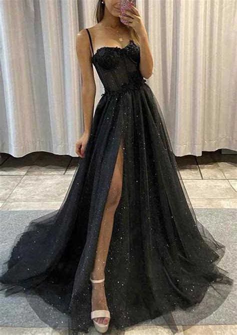 A Line Sweetheart Sweep Train Tulle Glitter Prom Dress With Appliqued