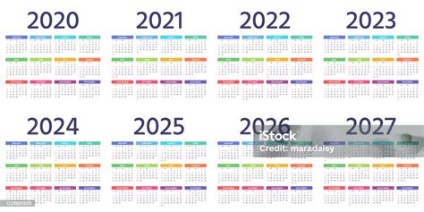 Calendar 2021 2022 2023 2024 2025 2026 2027 2020 Years Vector