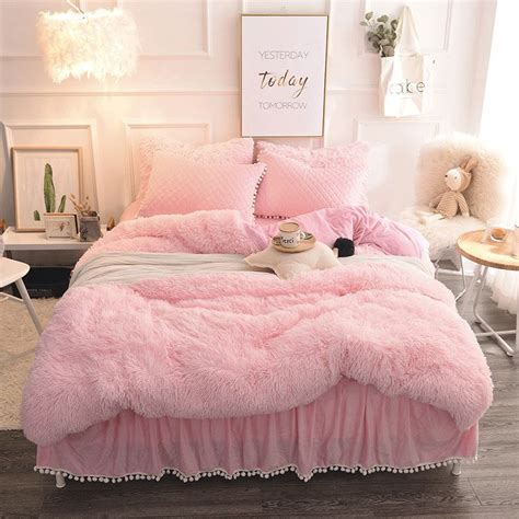 Princess Style Solid Pink With Quilting Bed Skirts Thick 4 Piece Fluffy