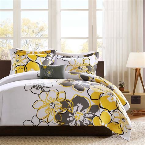 Antique Yellow Grey And White Floral Comforter Set And Decorative Pillow