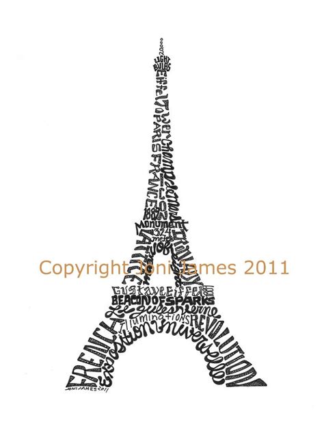 Eiffel Tower Paris France Word Art Typography Calligram Or Calligraphy