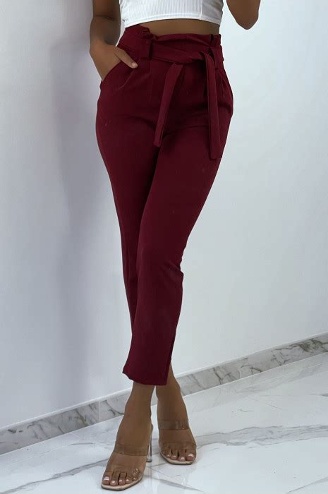 Burgundy High Waist Cargo Pants With Pockets And Belt Womens Pants