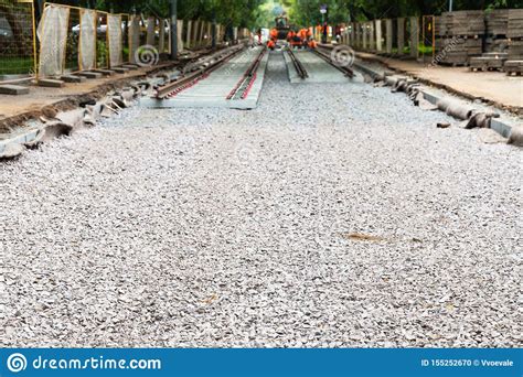 Laying Of Rails On Tram Track On Crushed Stone Stock Photo Image Of