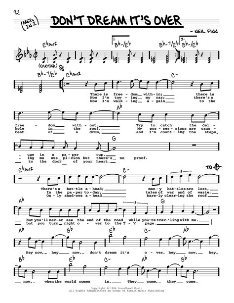 Dont Dream Its Over Sheet Music Crowded House Real Book Melody Lyrics And Chords