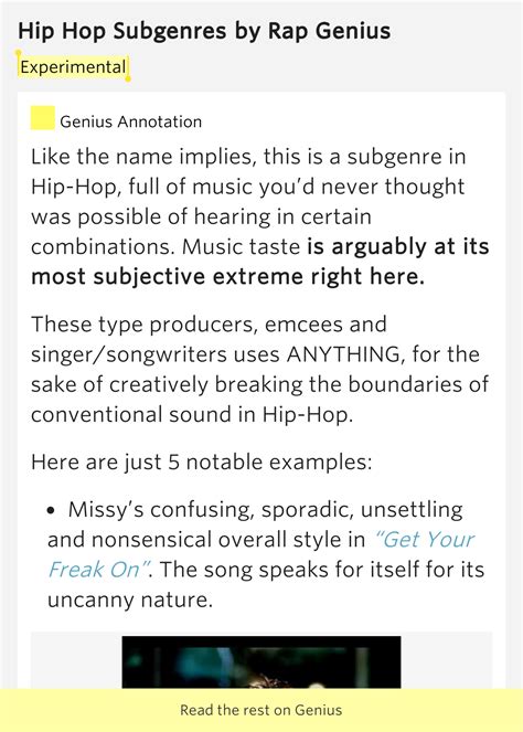Posts along the lines of x but with y replaced are considered low effort and may be removed. Experimental - Hip Hop Subgenres by Rap Genius