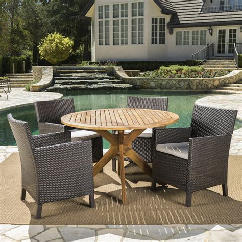 Owensmouth Outdoor 5 Piece Wicker Dining Set With Teak Finished Round