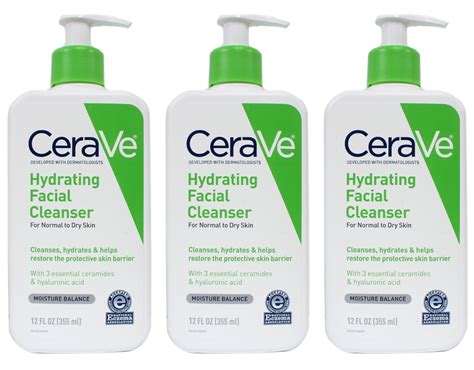 Cerave Hydrating Facial Cleanser Cream For Normal To Dry Skin 12 Ounce Each Pack Of 3