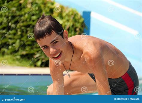 Boy Getting Out Of Swimming Pool Stock Photo Image Of Boys Drops