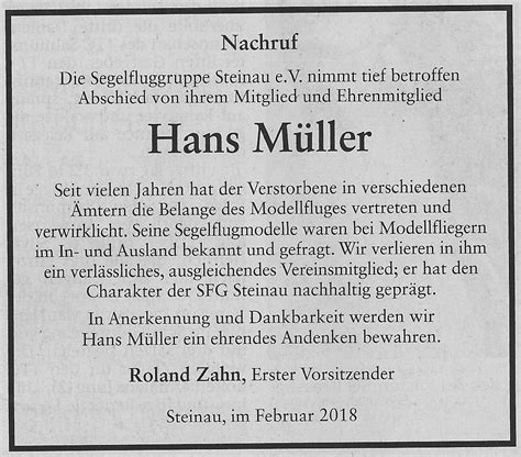 Nachruf zum Tod von Hans Müller | Segelfluggruppe Steinau