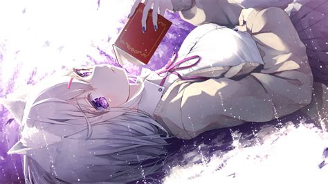 Download 1920x1080 Anime Fox Girl Lying Down Resting Book White
