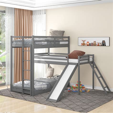Buy Triple Bunk Bed With Slide Wood Twin Over Twin Bunk Bed With