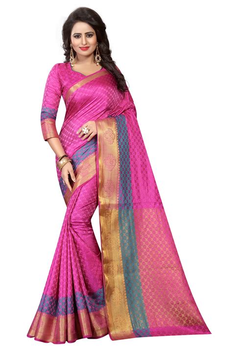 buy satyam weaves women s ethnic wear jari bordered banarasi cotton silk magenta colour saree