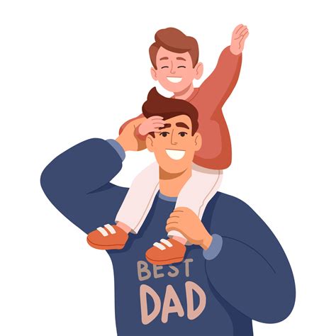 Drawing Of Happy Dad With Son Sitting On His Shoulders In Cartoon Style For Print And Design