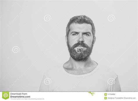 Man With Serious Emotion Man With Long Beard And Mustache Stock Photo